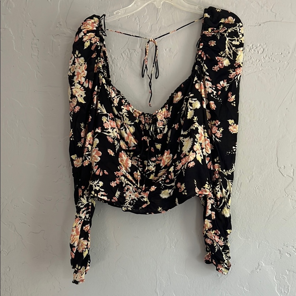 Free People Black Ruched Tie Front Blouse